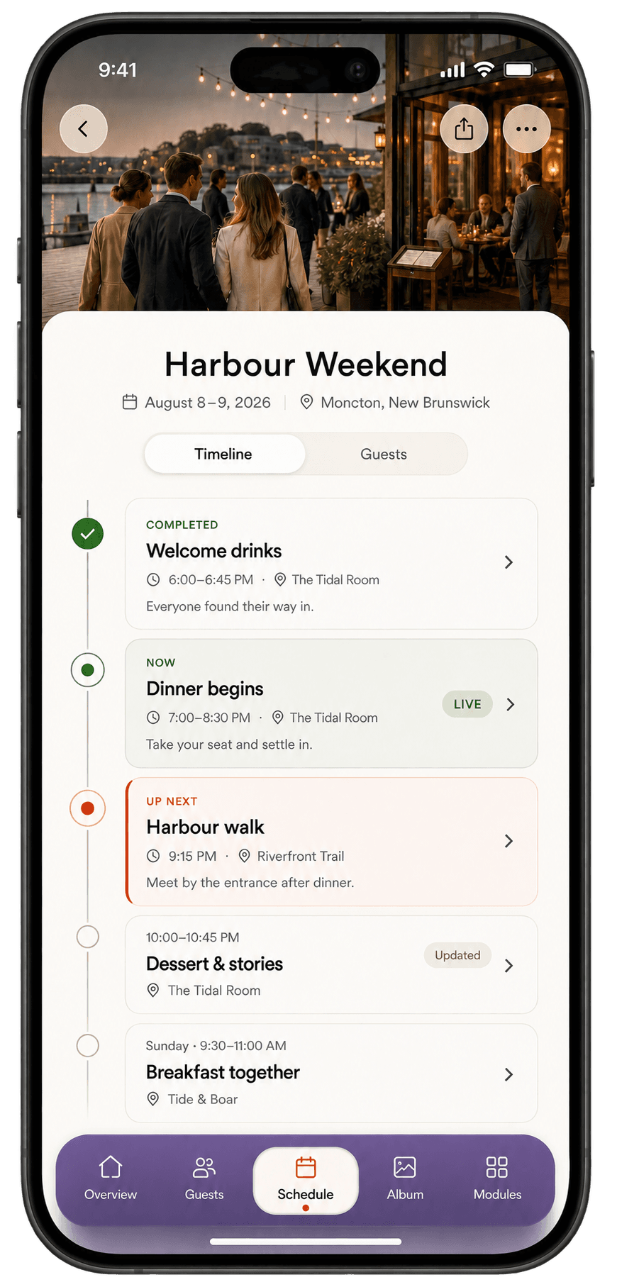 The Harbour Weekend timeline in Orbit, showing live schedule updates and glass navigation on iPhone